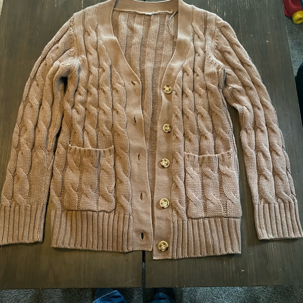 Tan Cable Knit Cardigan Sweater with Ribbed Trim